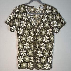 White Stag Vintage Floral Crochet Button Up Top Women’s XL Cottagecore Cardigan